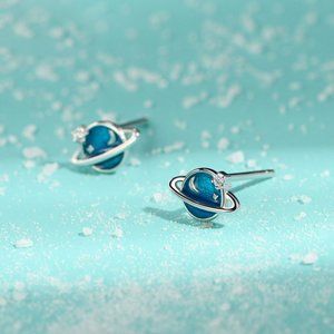 Sterling Silver Blue Planet Stud Earrings Star & Moon Silver Saturn Earrings